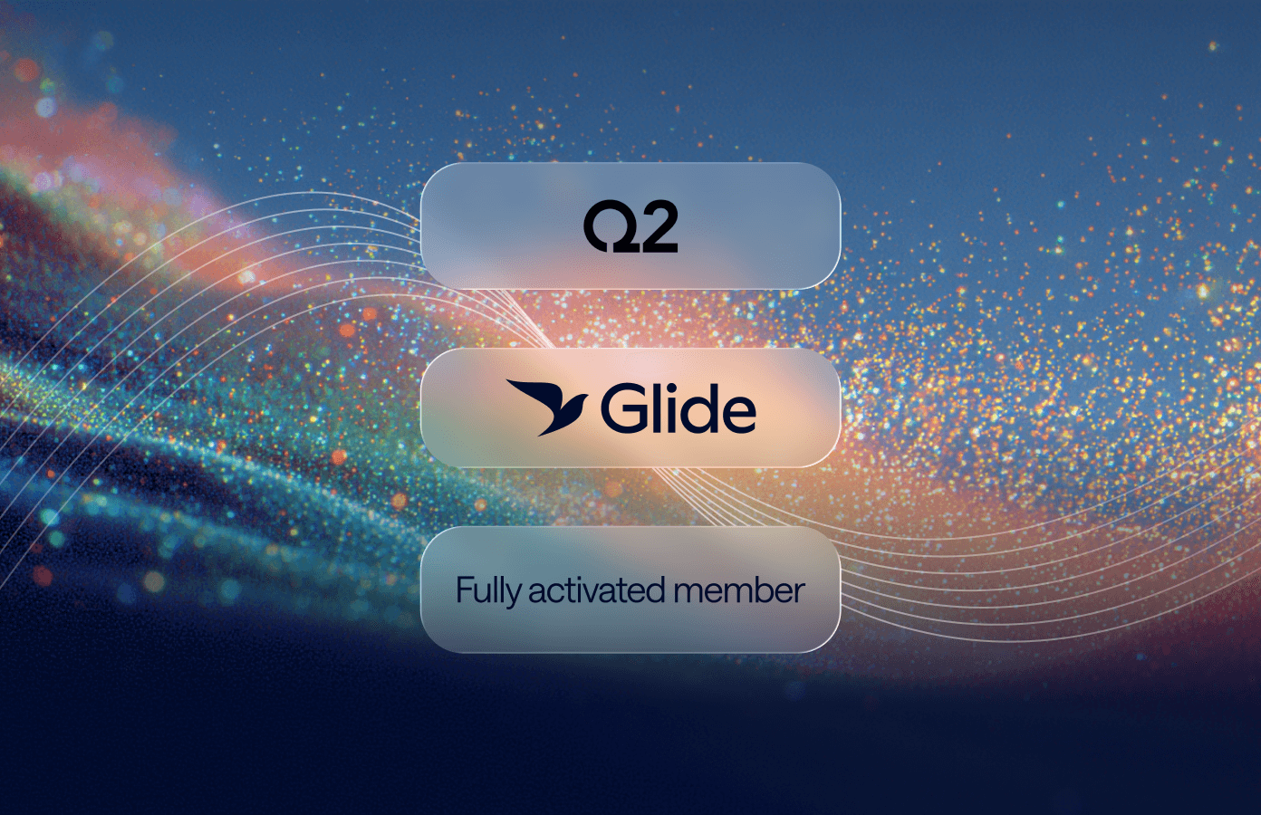Abstract hero image showing a dynamic wave of orange and blue particles on a gradient background.