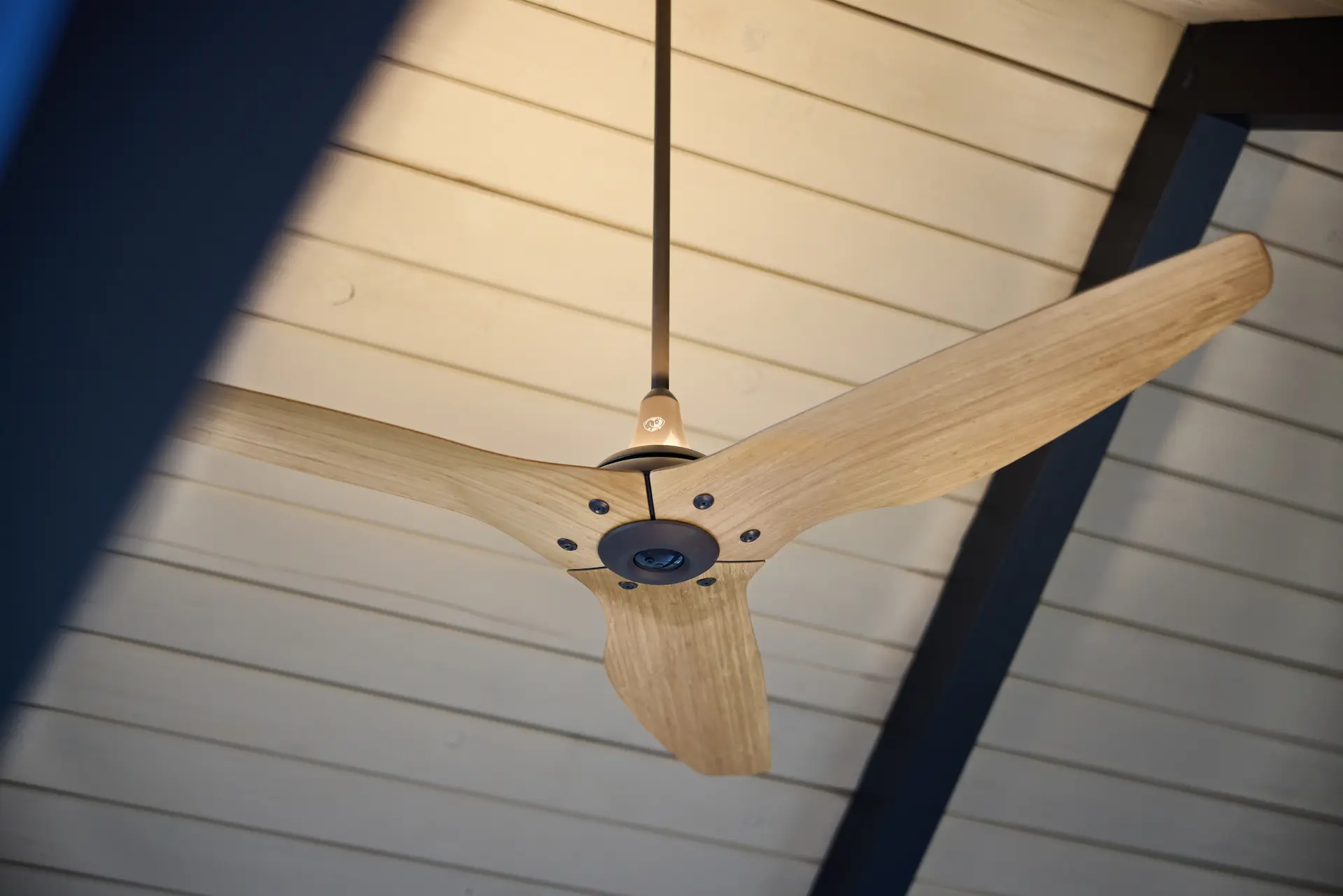 Close-up of the living room's ceiling fan in the Fairhills Eichler Tract home, blending modern functionality with the home's mid-century aesthetic. Photo by Todd Huge.