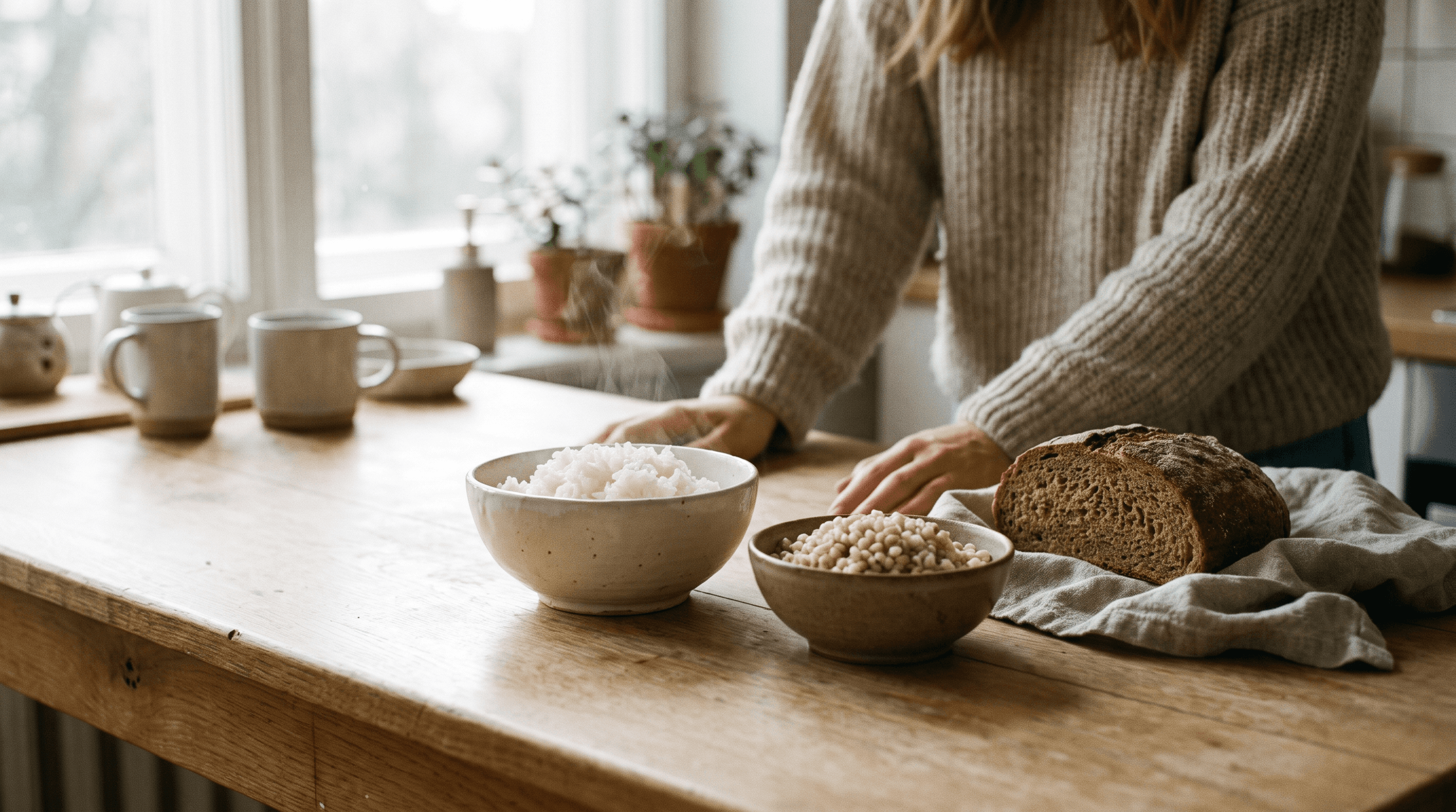 Warm morning light on a wooden table with a bowl of cooked rice, a bowl of barley and a slice of whole grain bread on linen.