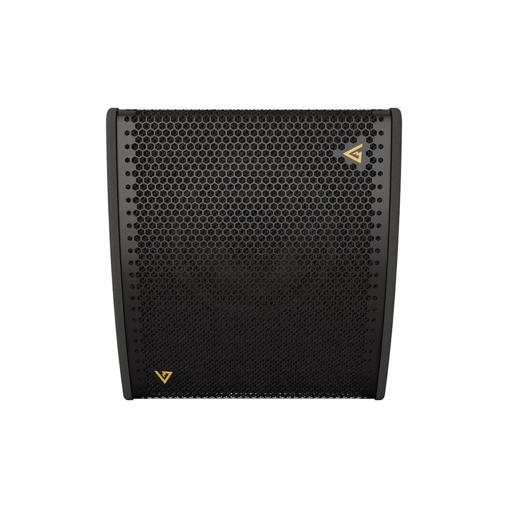 Black speaker with gold logos.