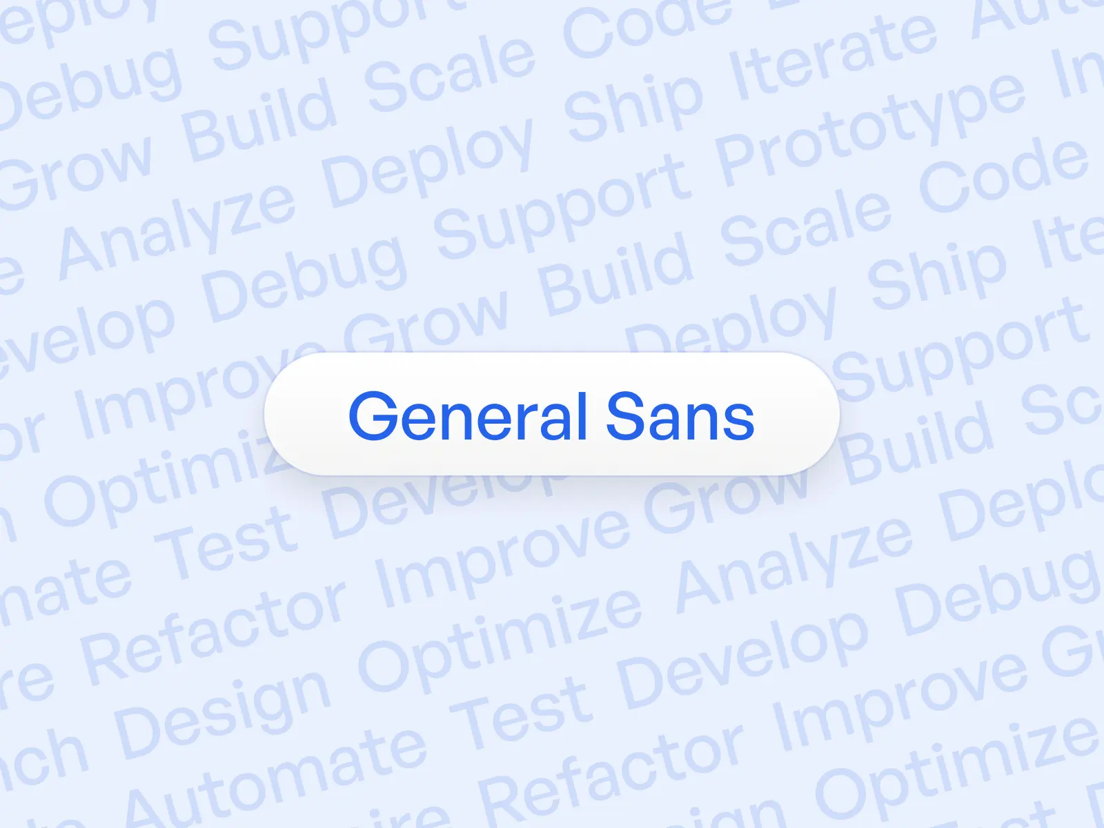 General Sans font preview with 3D soft UI button on light background with tech terms