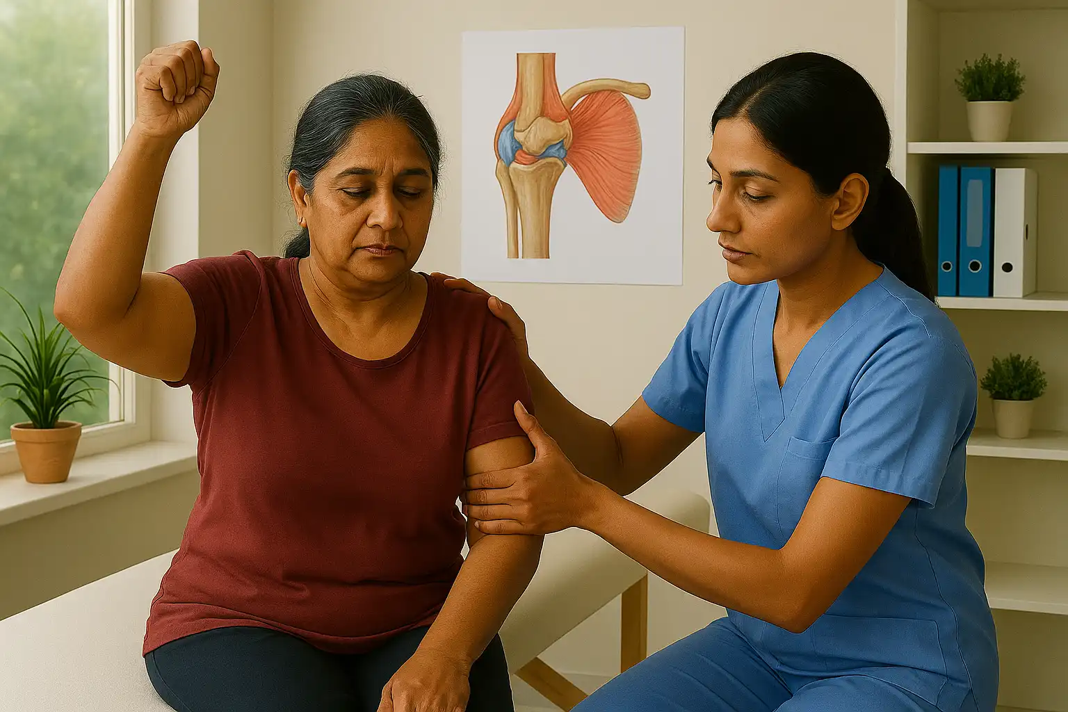 Physiotherapist assisting an older woman with shoulder mobility exercises during a rehabilitation session to improve joint movement and reduce shoulder pain.