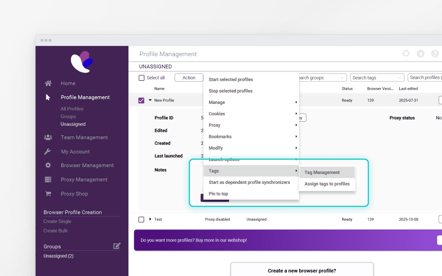 Tag editing in a profile is available directly from the profile list.
