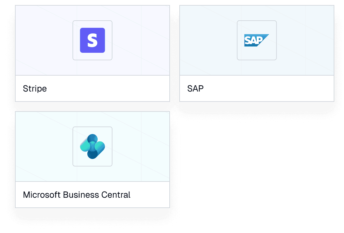 icons of preconfigured connectors for Stripe, SAP and Microsoft Business Central with their respective logos