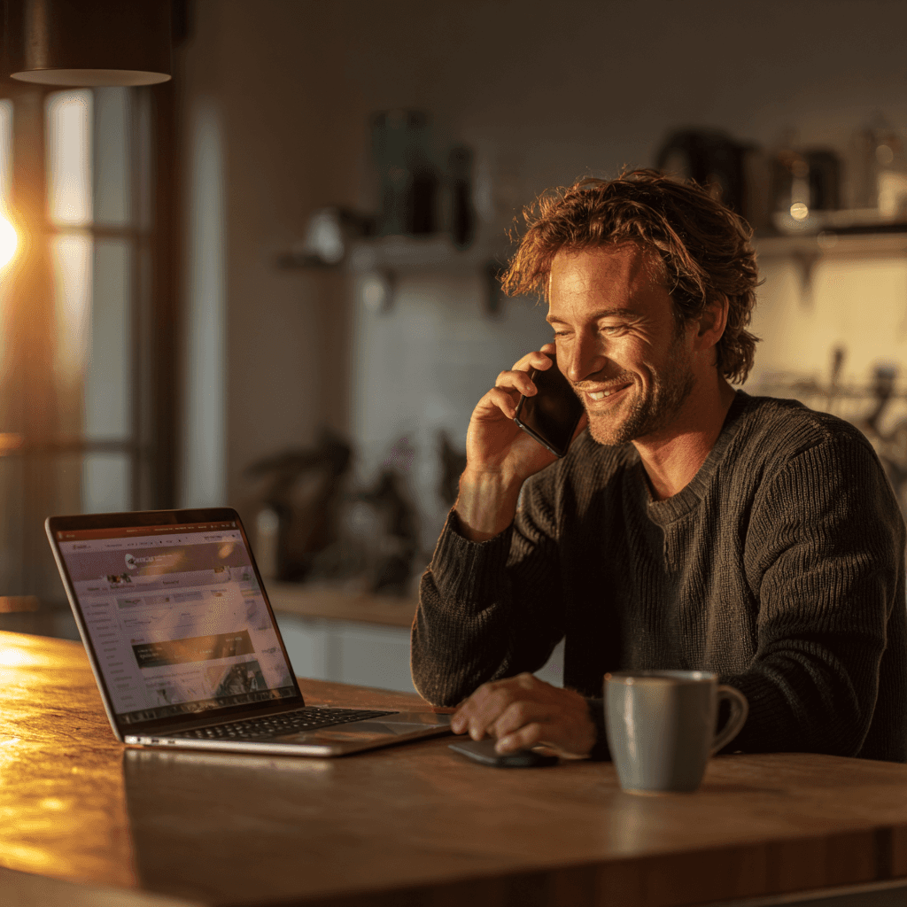 Woman talking to ai agent on phone happily