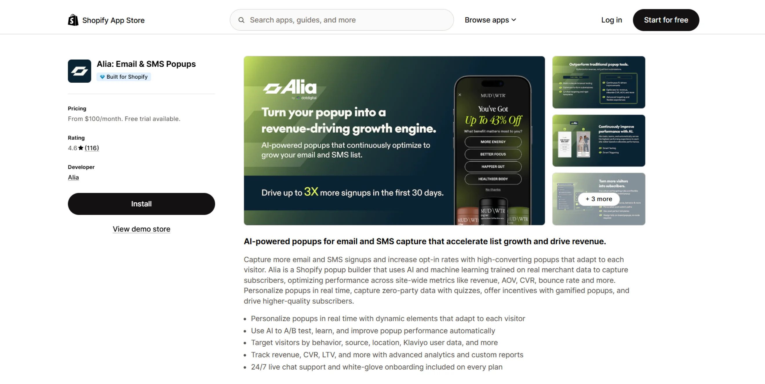 ALT:  Alia email and SMS popup app listing page on the Shopify App Store.
