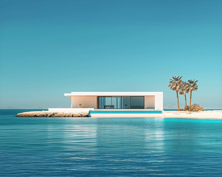 A white house situated on an island surrounded by the vast ocean, showcasing a serene coastal landscape.
