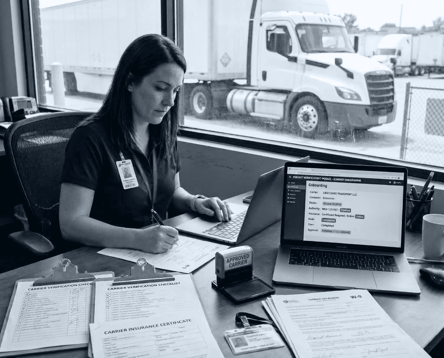 A logistics specialist manages shipment documentation and freight paperwork while verifying a freight carrier.