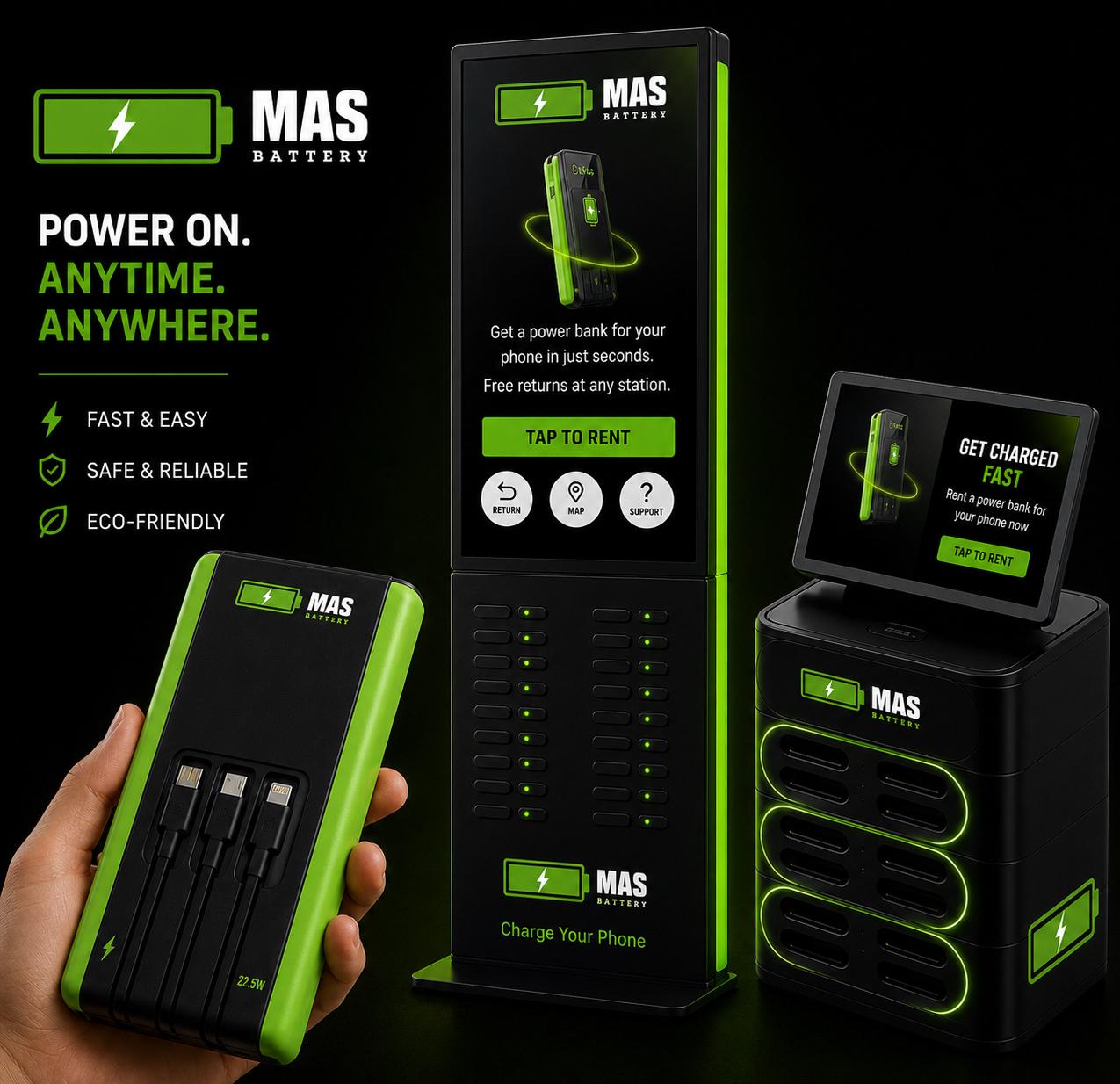 MAS Battery product lineup graphic displaying the headline "POWER ON. ANYTIME. ANYWHERE." The image showcasing a hand holding a green-trimmed portable charger next to a large freestanding power bank rental kiosk and a smaller tabletop rental station unit.