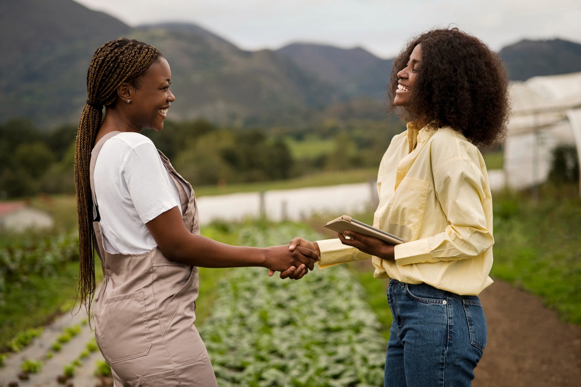 two women shaking hand in farm