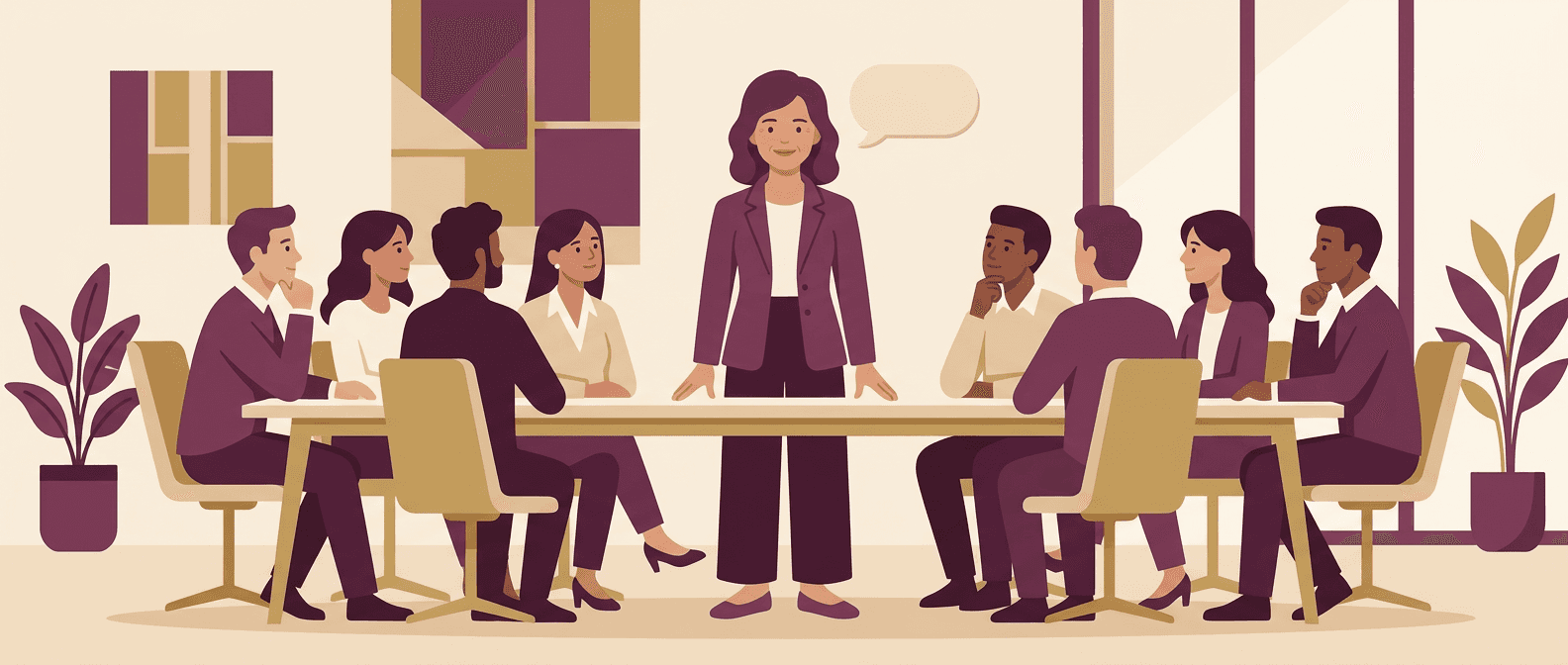 The Word-Hunter, mid-sentence at a meeting table, addressing the room
