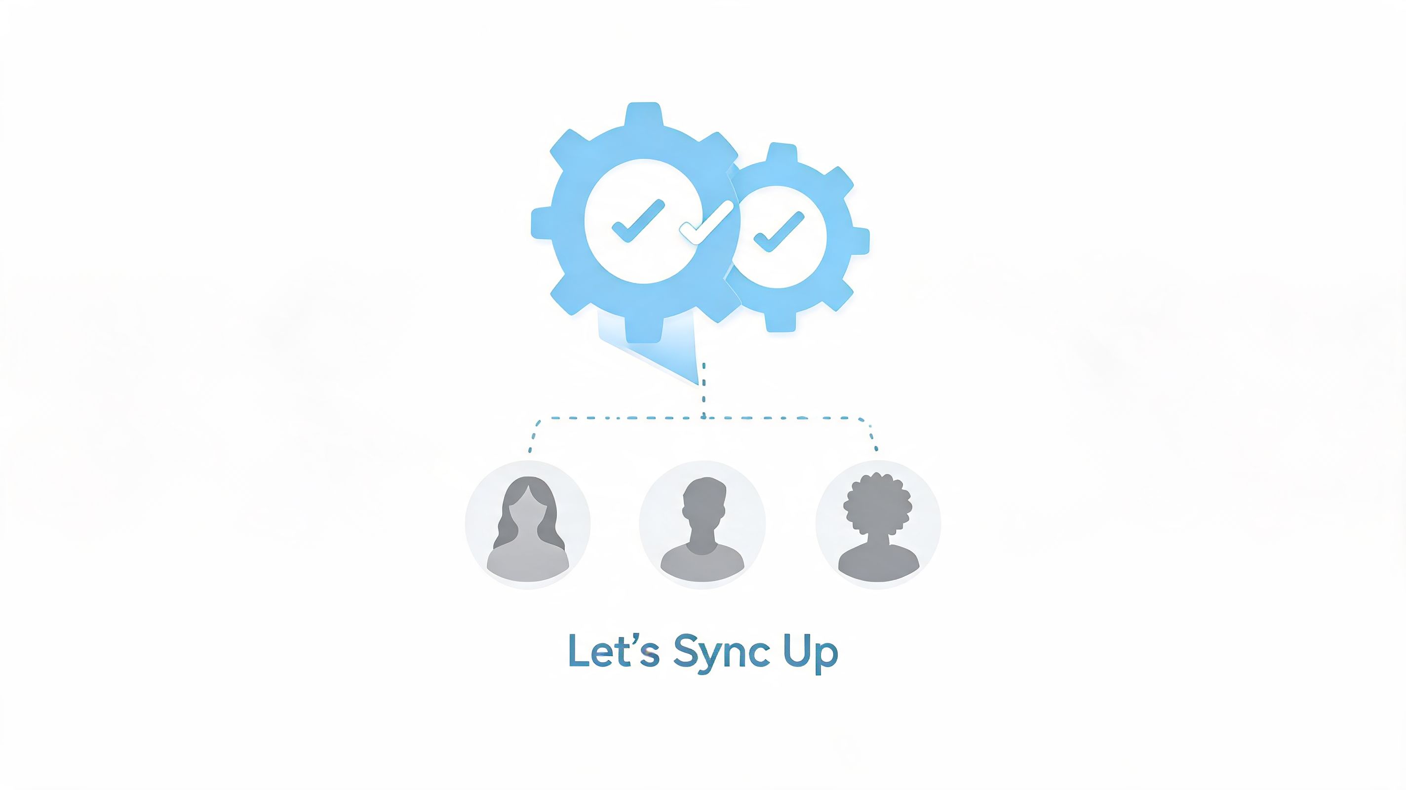 A professional illustration of two interconnected gears with checkmarks, representing team synchronization and collaboration in the workplace.