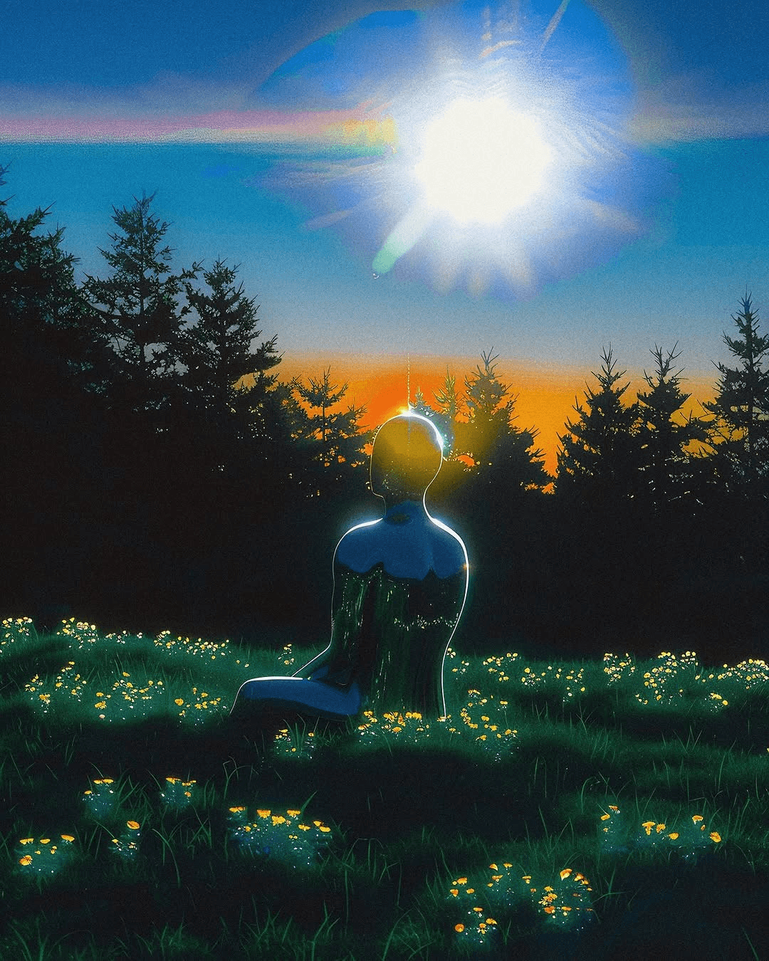 Yansıtıcı bir figür, siluet halindeki ağaçlarla çevrili, canlı bir gün batımı gökyüzünün altında, parlayan çiçeklerle dolu bir tarlada oturuyor. Sahne dingin ve uhrevi.