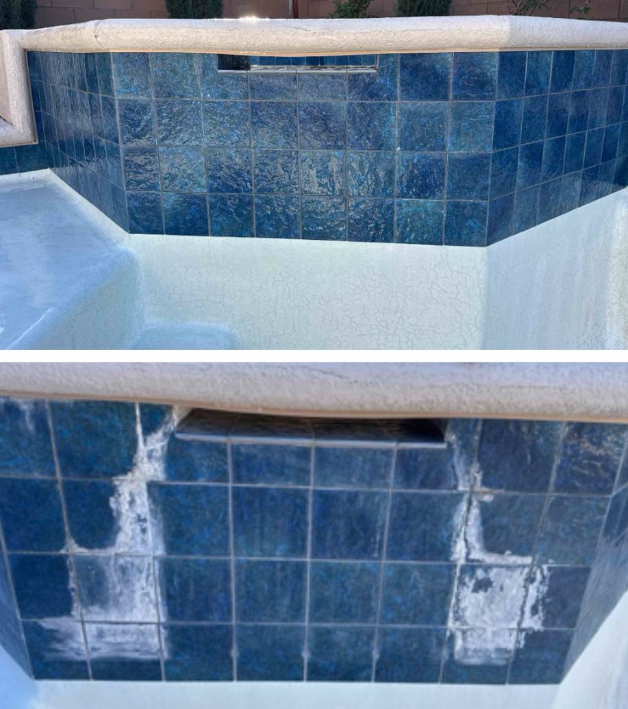 Pool being drained and pressure washed to remove buildup and stains