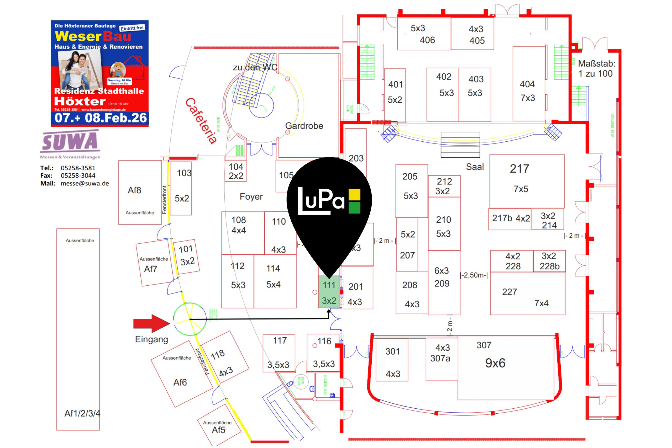 Der Messeplan der WeserBau 2026 in Höxter. Der Stand Nr. 111 der LuPa Sonnenenergie GmbH makiert mit einer Wegbeschreibung.