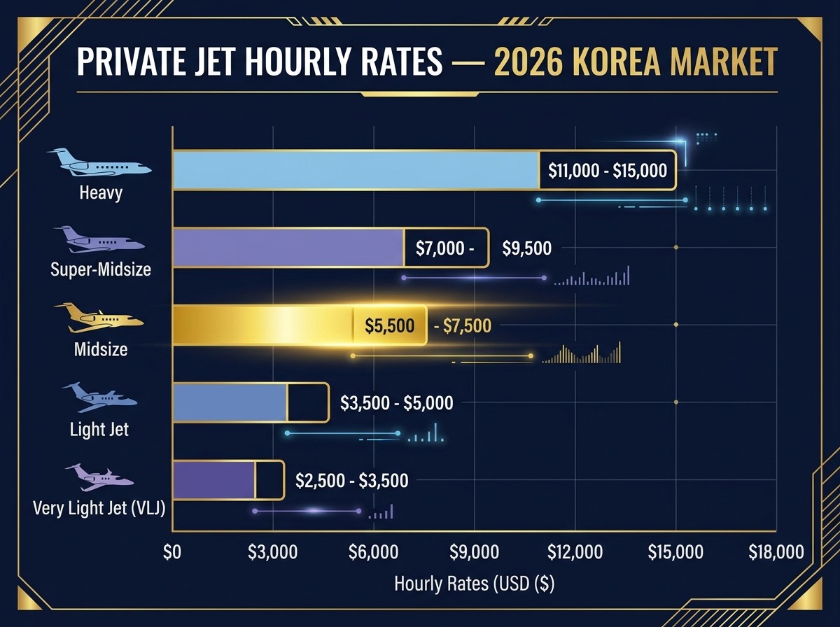 전용기 시간당 단가 기종별 비교 - VLJ 경량 중형 슈퍼미드 대형 USD