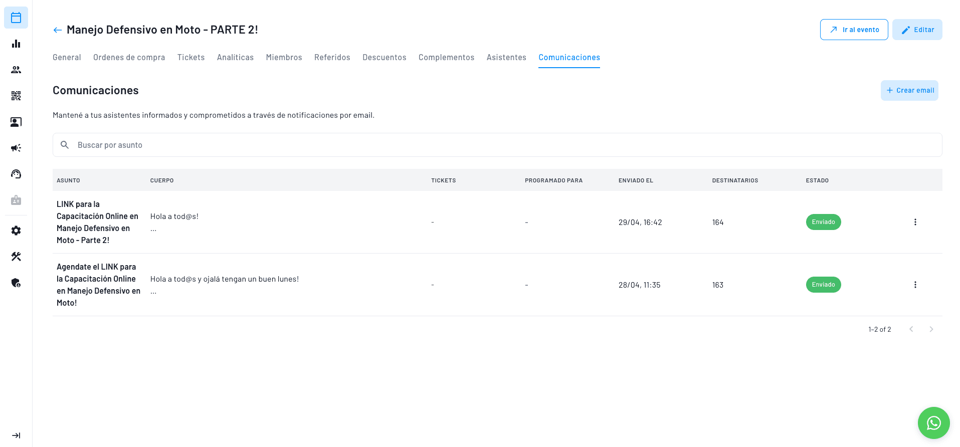 sistema de comunicacion para los asistentes de un evento integrado en el sistema con programación por mailing disponible