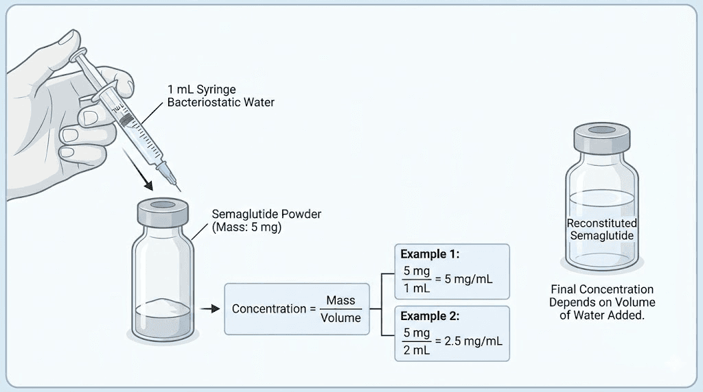 Semaglutide reconstitution process showing water volume and resulting concentration for accurate dosing