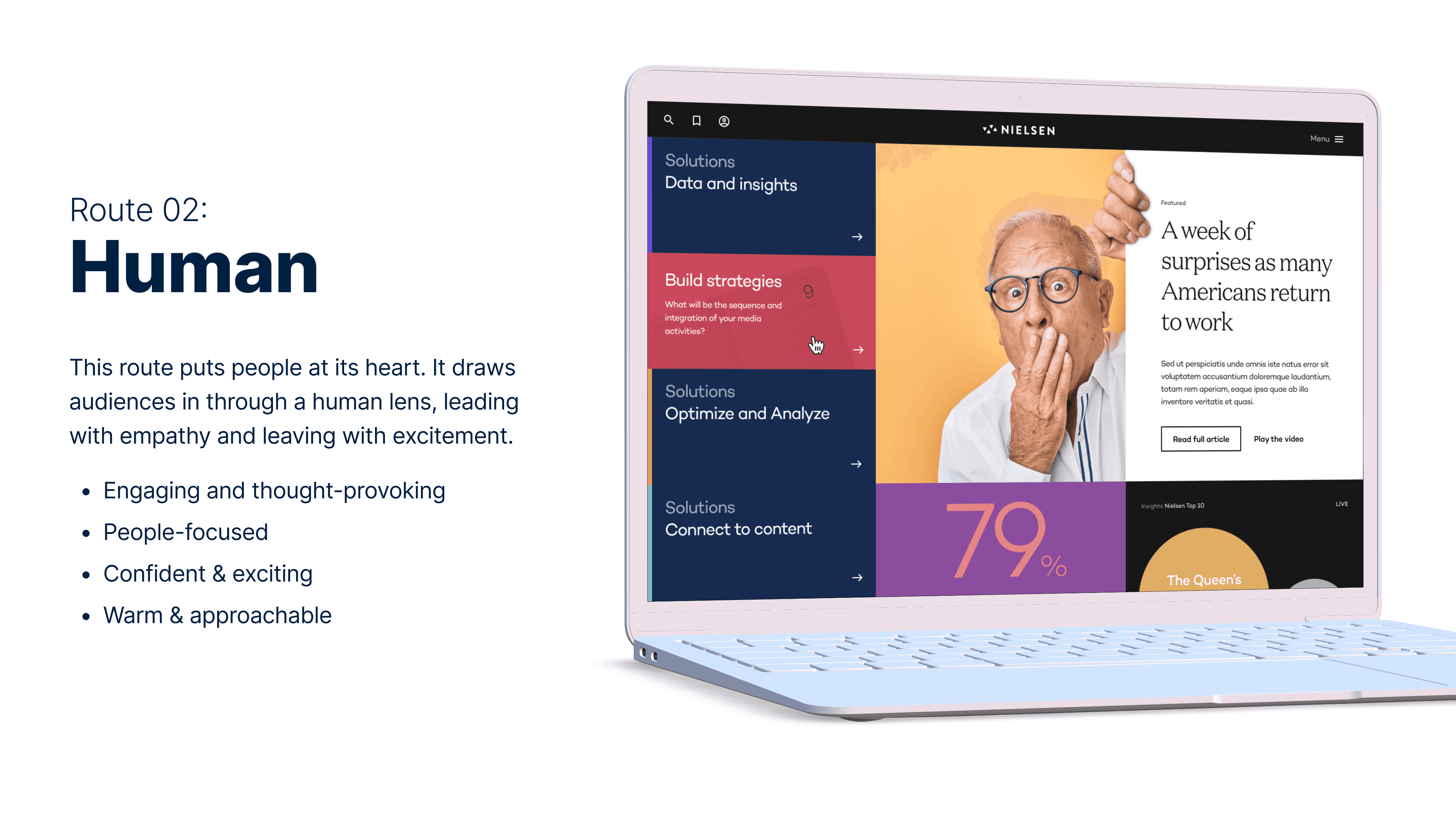 Mockup of the Nielsen website displayed on a laptop, showing the Human design route.