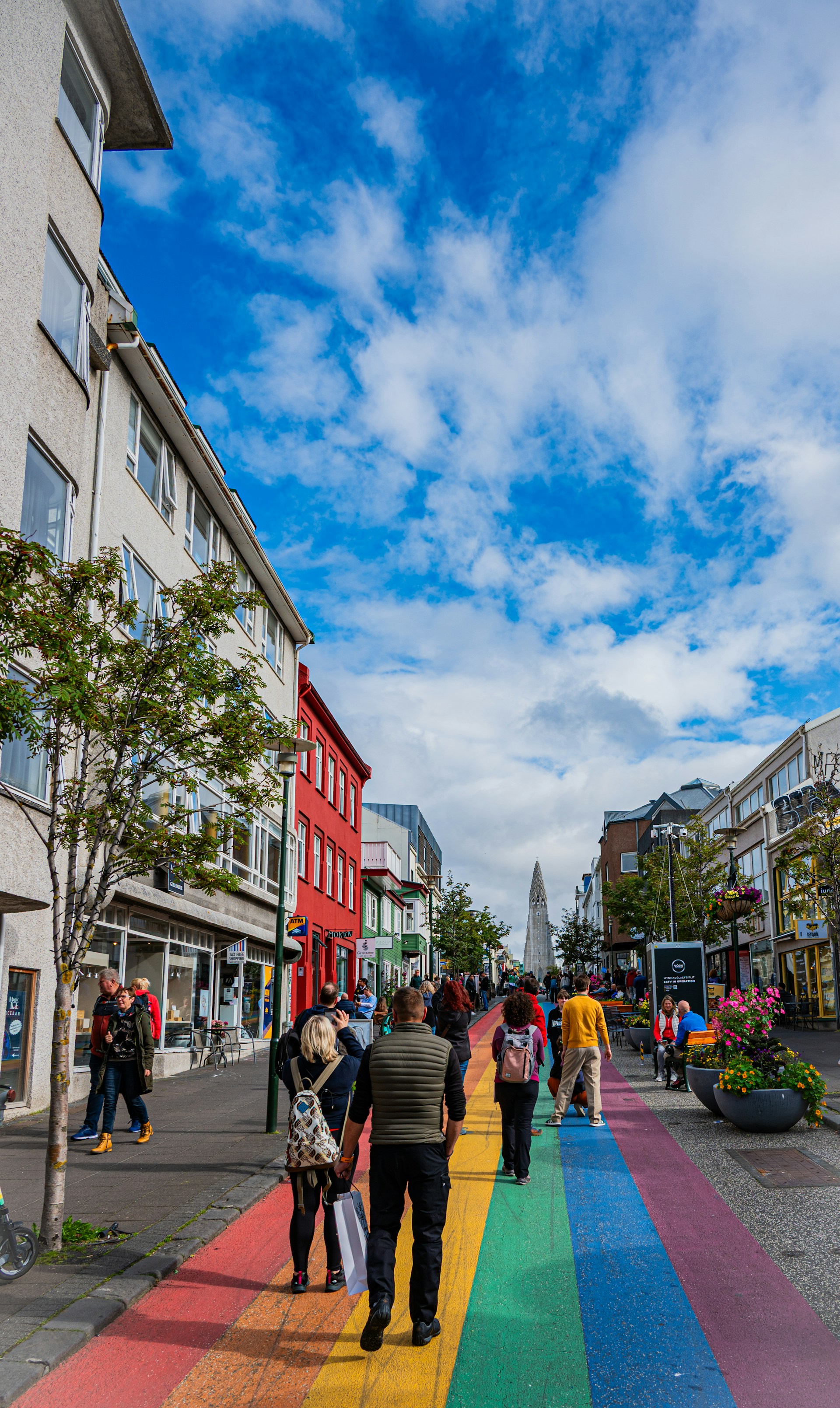 Rainbow-painted Skólavörðustígur leading to Hallgrímskirkja in downtown Reykjavík.