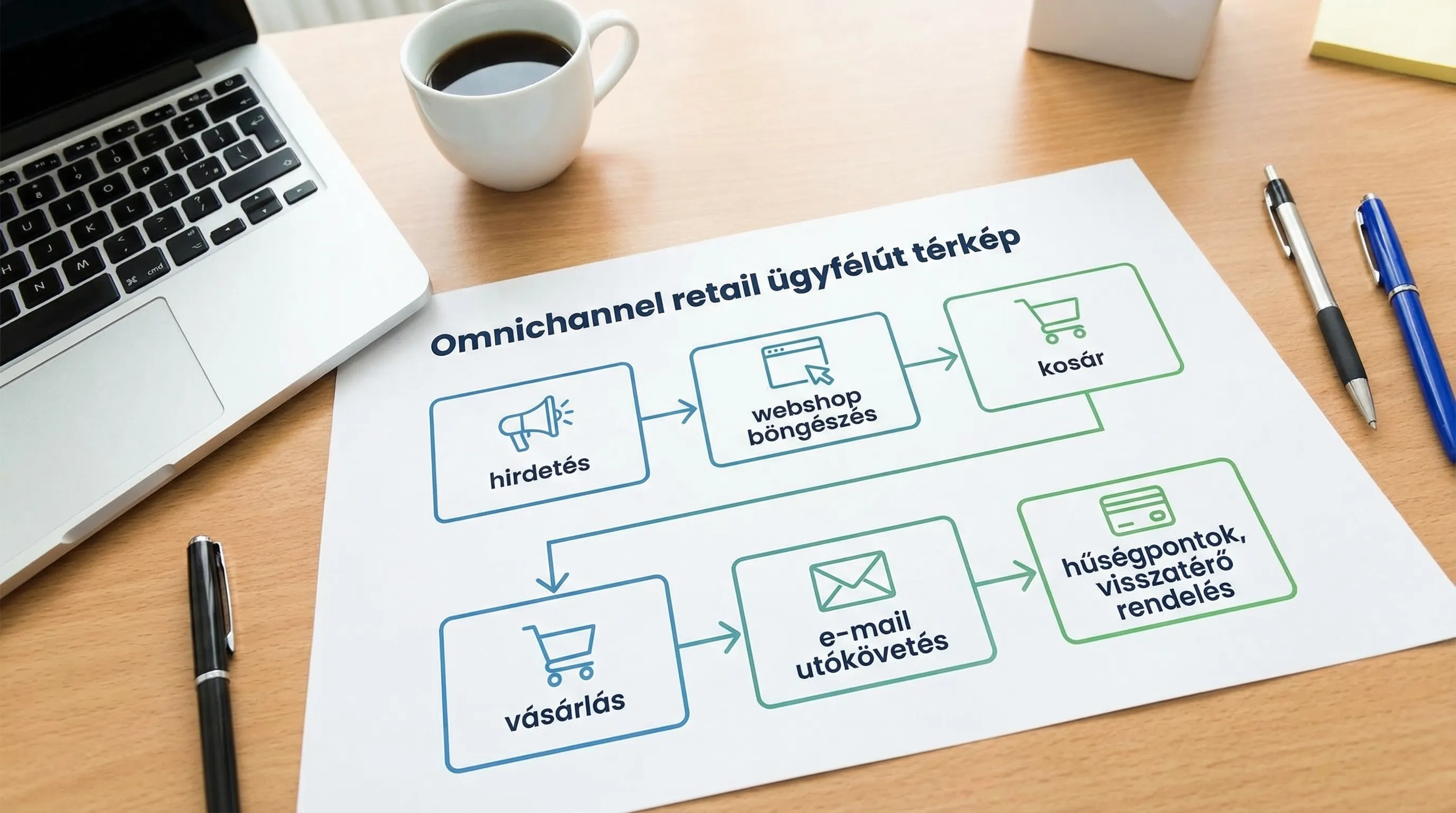 Omnichannel retail ügyfélút térkép: hirdetés, webshop böngészés, kosár, vásárlás, e-mail utókövetés, hűségpontok, visszatérő rendelés. Egyszerű, áttekinthető folyamatábra 5-6 lépéssel.