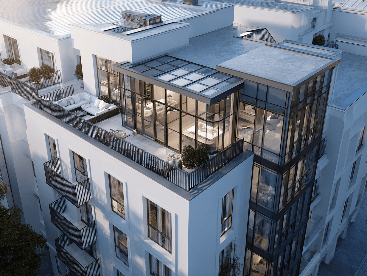 Aerial view of a glass penthouse on an urban apartment building roof, cover for an article on the returning demand for city living.