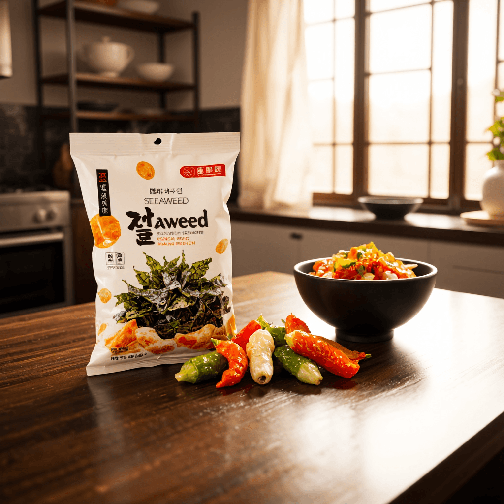 product photography of pack of roasted seaweed snacks, intended for snacking