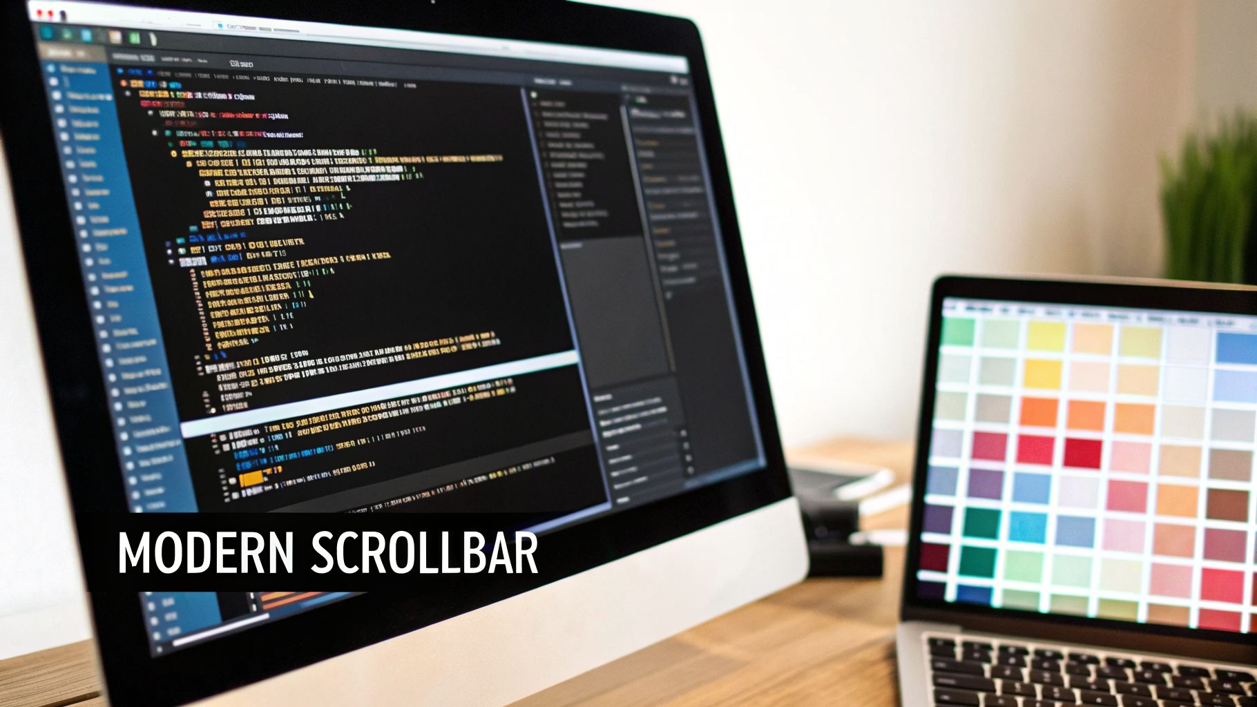 A developer's desk with a monitor displaying code and a laptop showing a color palette, highlighting a modern scrollbar.