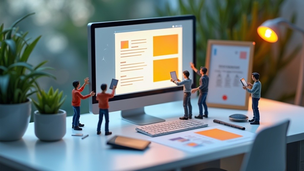 A miniature team designing a Framer website in a tiny studio workspace.
