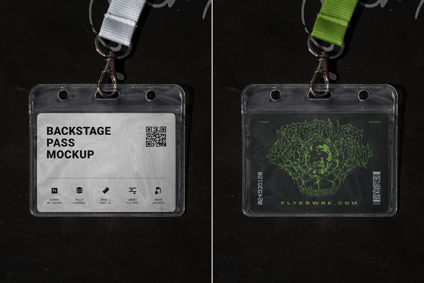Backstage pass mockup clean ID card layout with QR code and minimal badge design