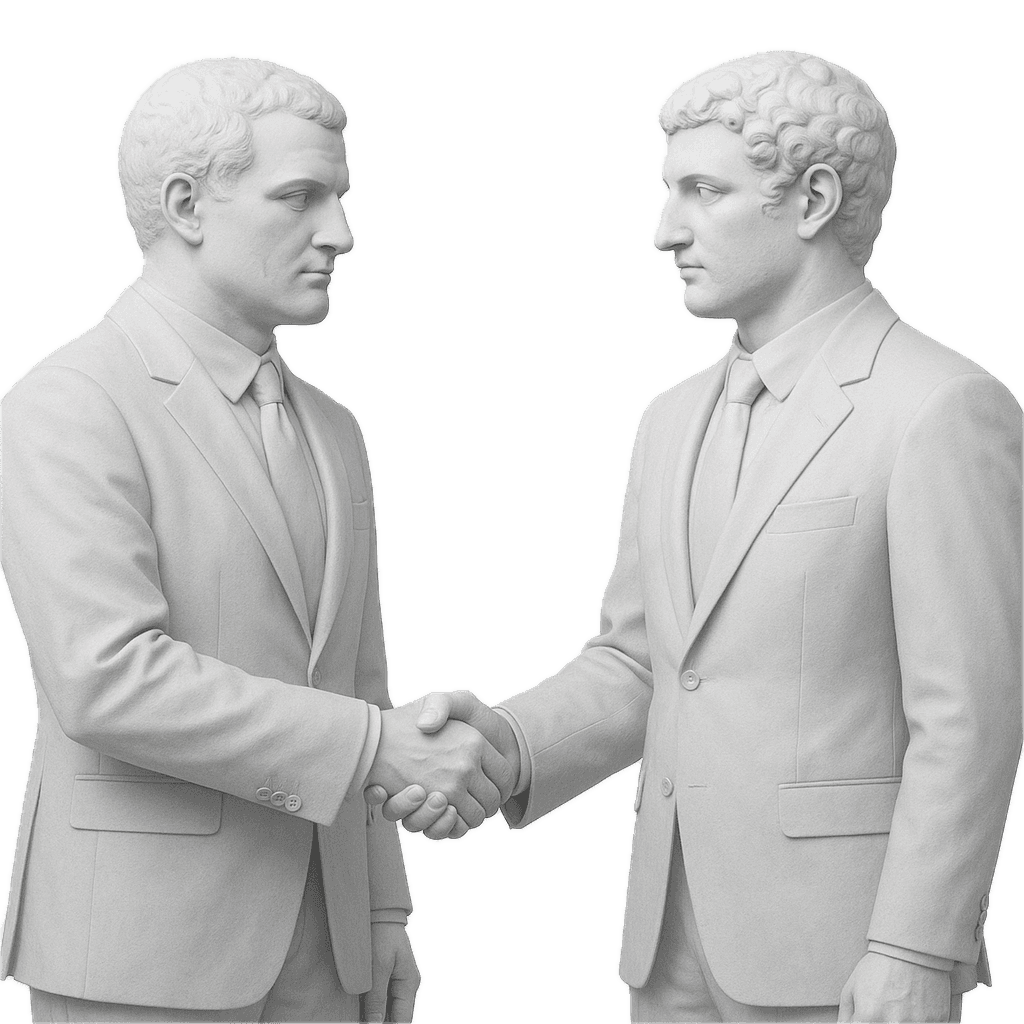 Marble statues shaking hands, efficient client management.