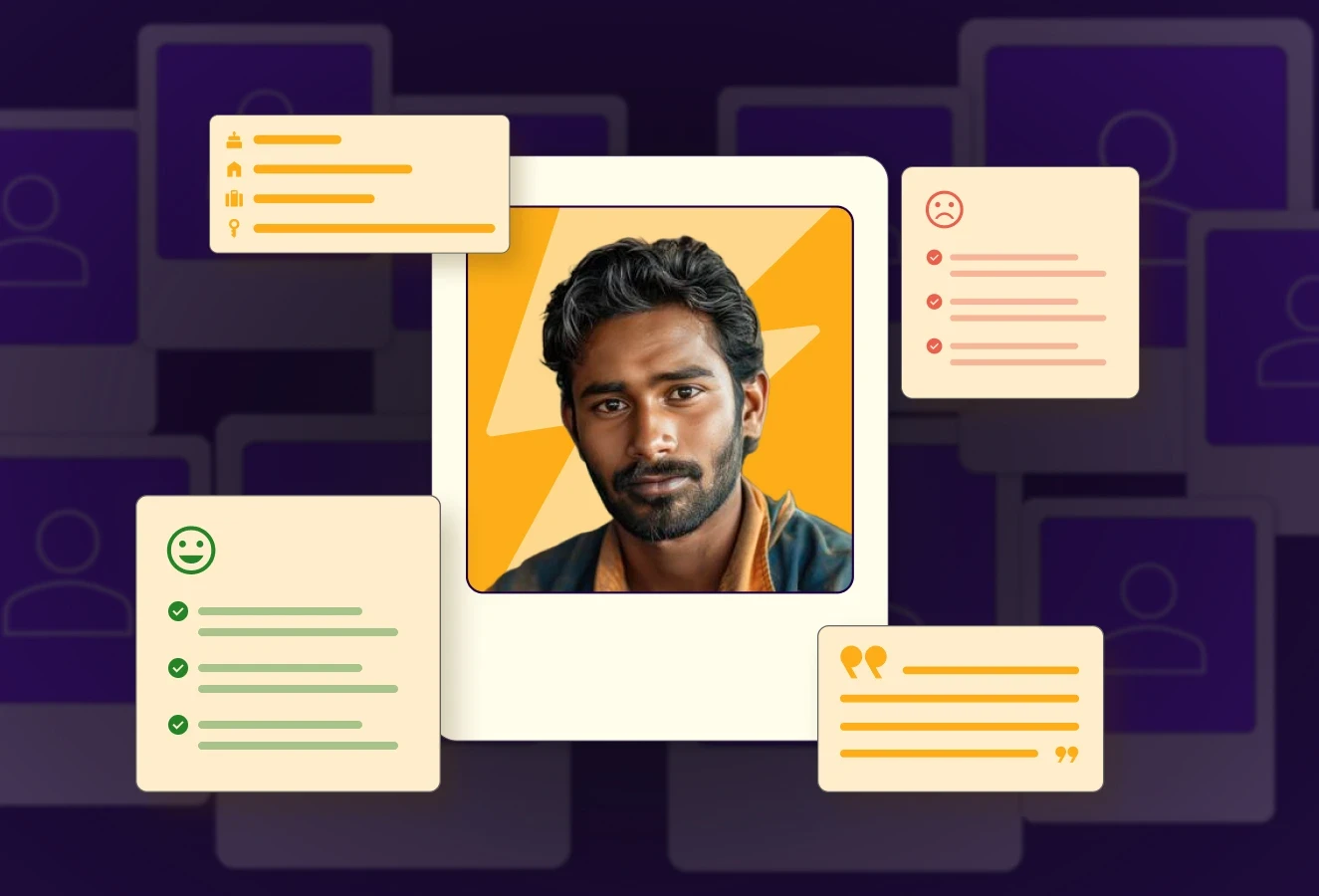 Graphic featuring colorful cards and a magnifying glass over a user icon, suggesting research or analysis.