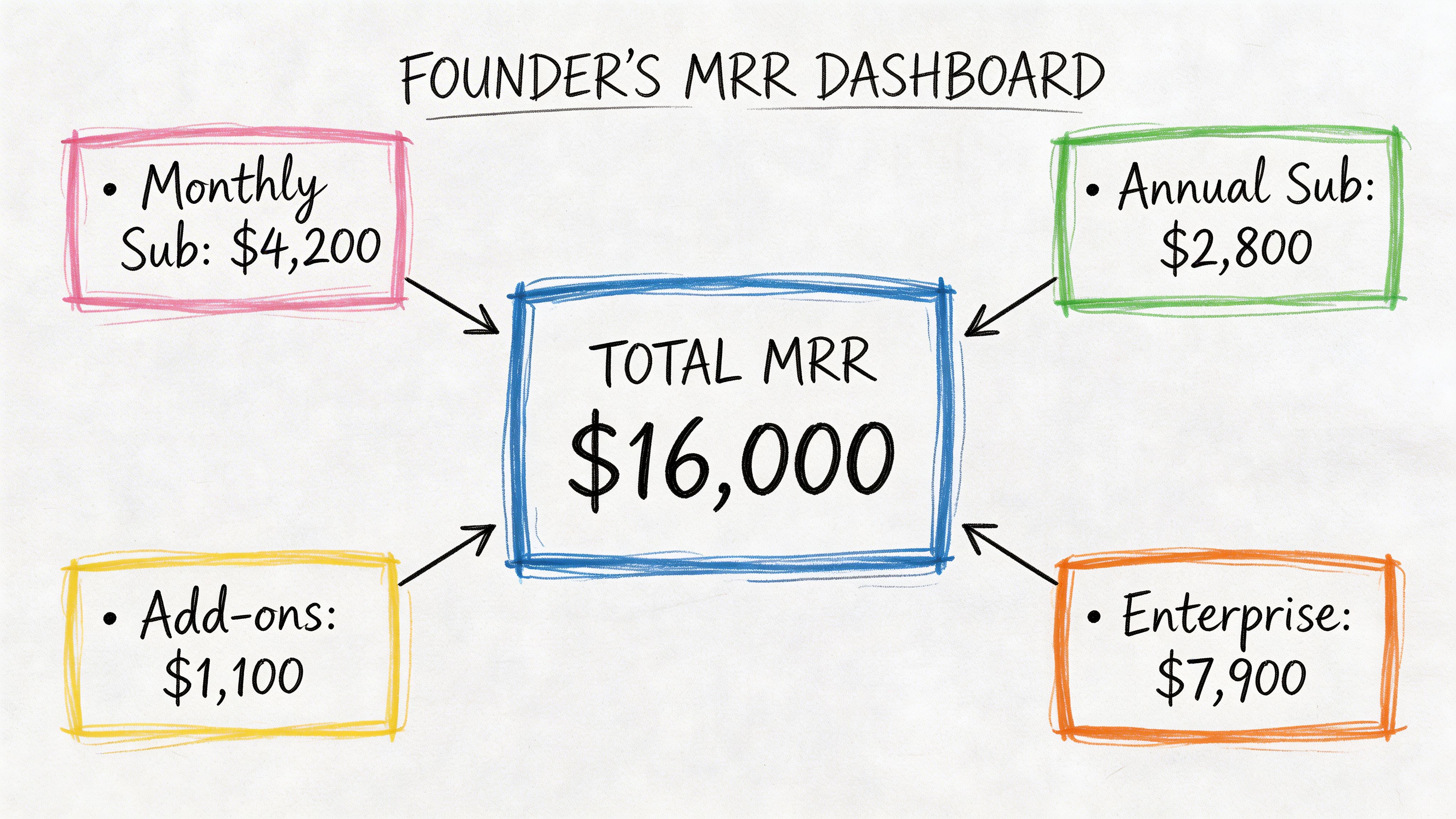 A hand-drawn diagram illustrating a Founder's MRR dashboard with revenue breakdowns totaling sixteen thousand dollars.