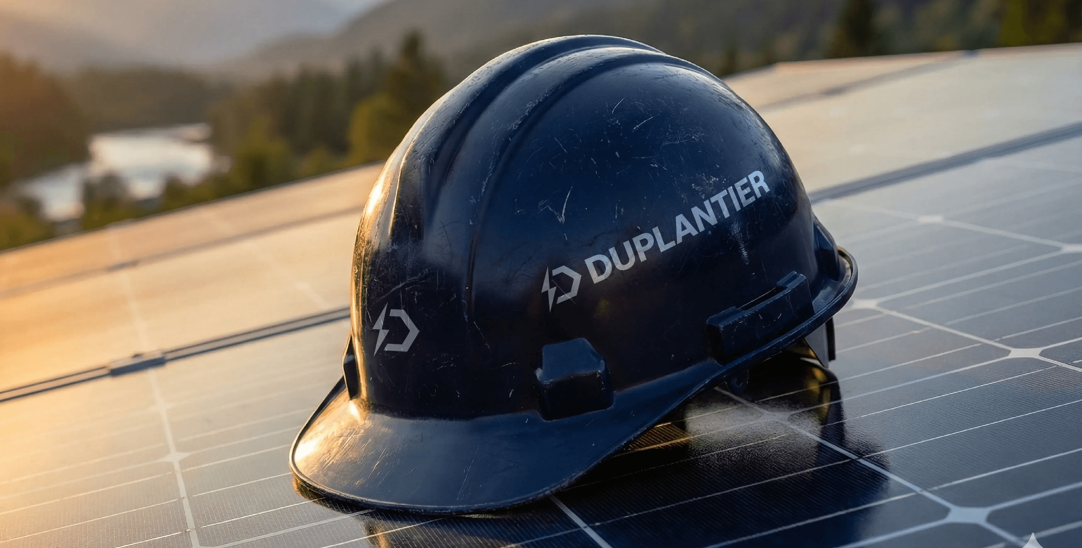 Casque de chantier noir Duras (logo orange) sur panneau solaire, avec sapins en arrière-plan.