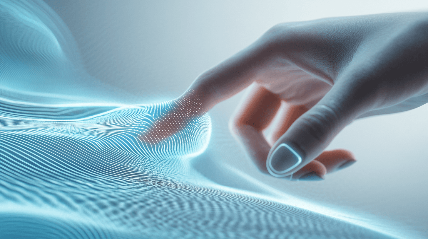 Hand reaching into a flowing wave of digital light