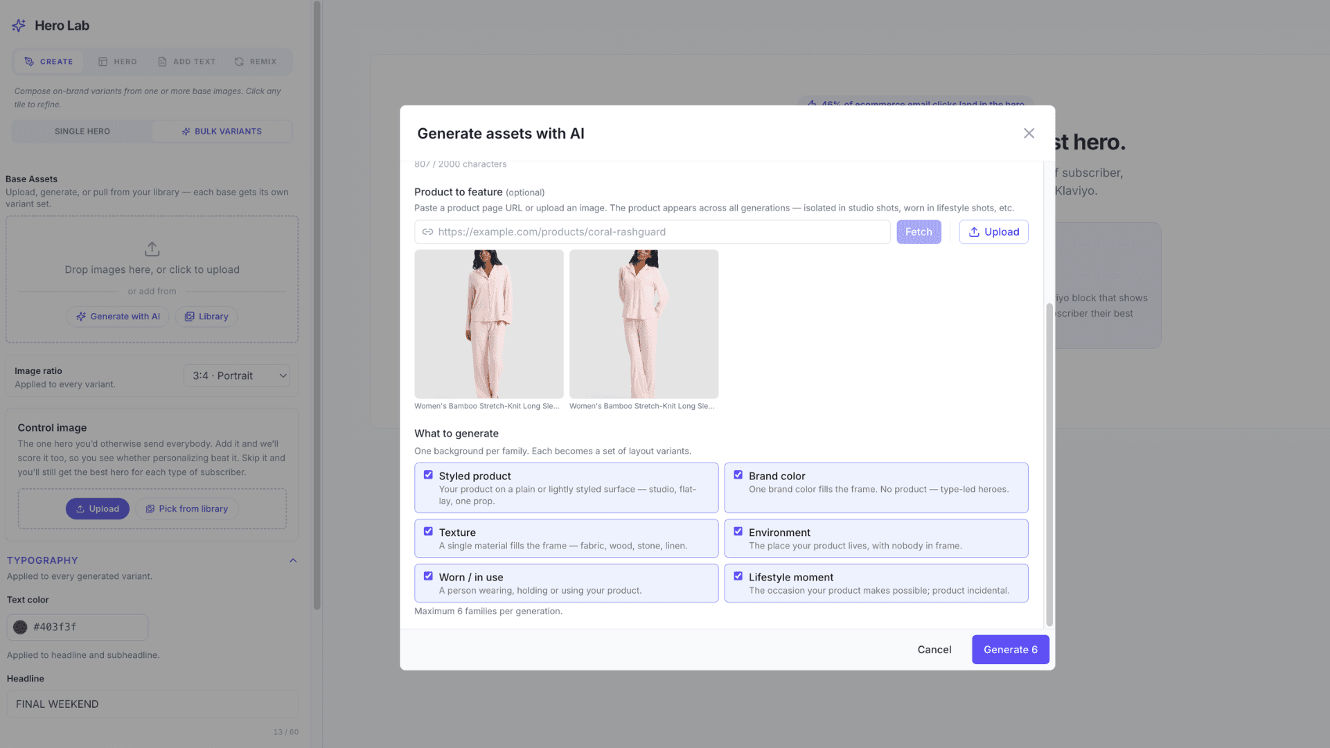"Generate assets with AI" modal in Hero Lab, showing a product image, a control image option, and six selectable creative families including Styled Product and Brand Color.