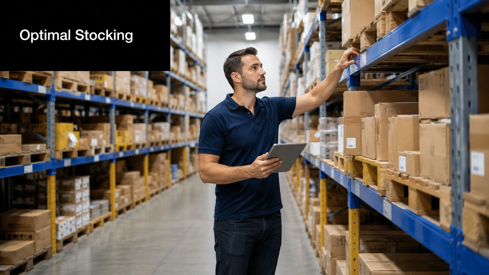 A warehouse worker checking inventory status while using a digital tablet amidst rows of storage racks.