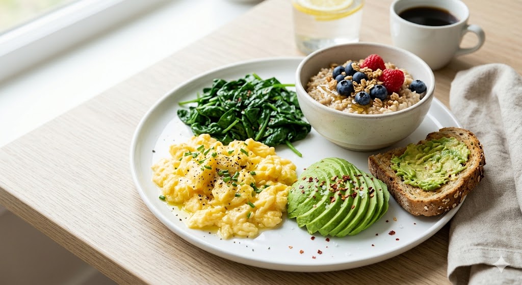 A top-down high-end food photograph of a heart-healthy breakfast plate featuring scrambled eggs cooked in olive oil, fresh sautéed spinach, sliced avocado, oatmeal topped with mixed berries, and a slice of whole-grain toast. The scene is styled for a healthy lifestyle magazine with bright natural lighting and a shallow depth of field.