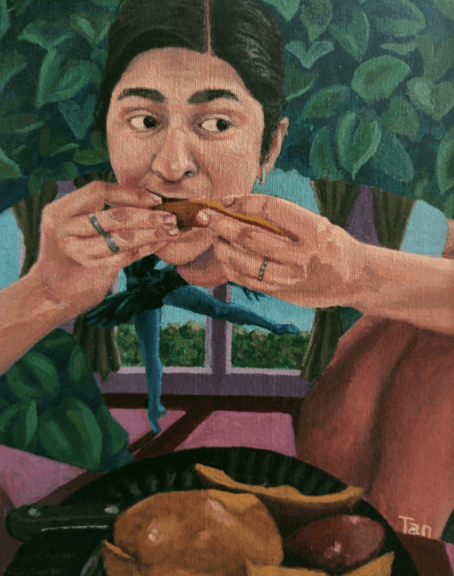 herd of sheep on road painting