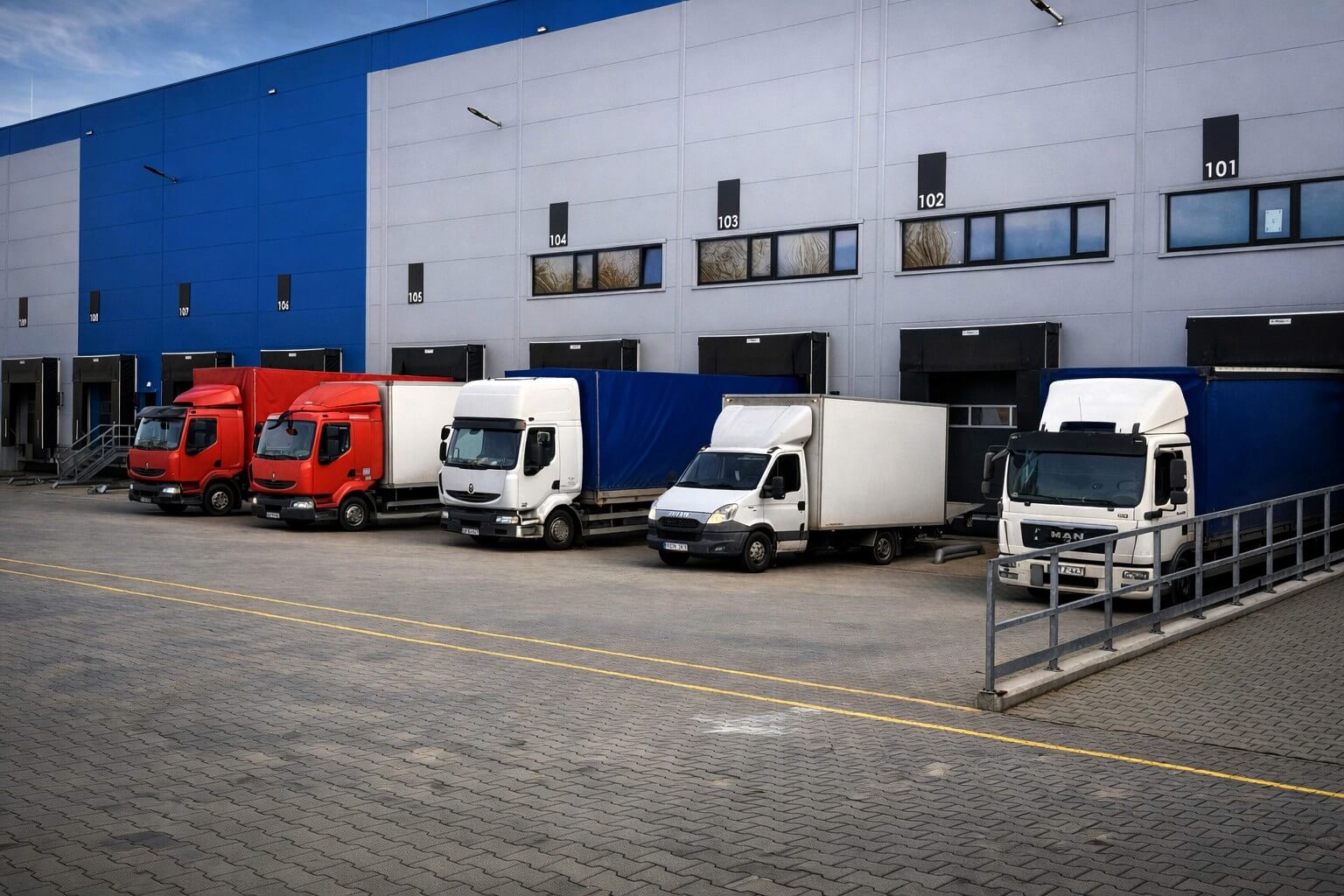 Áruszállítási, fuvarozó kamionok parkolnak egy logisztikai központ rakodójában