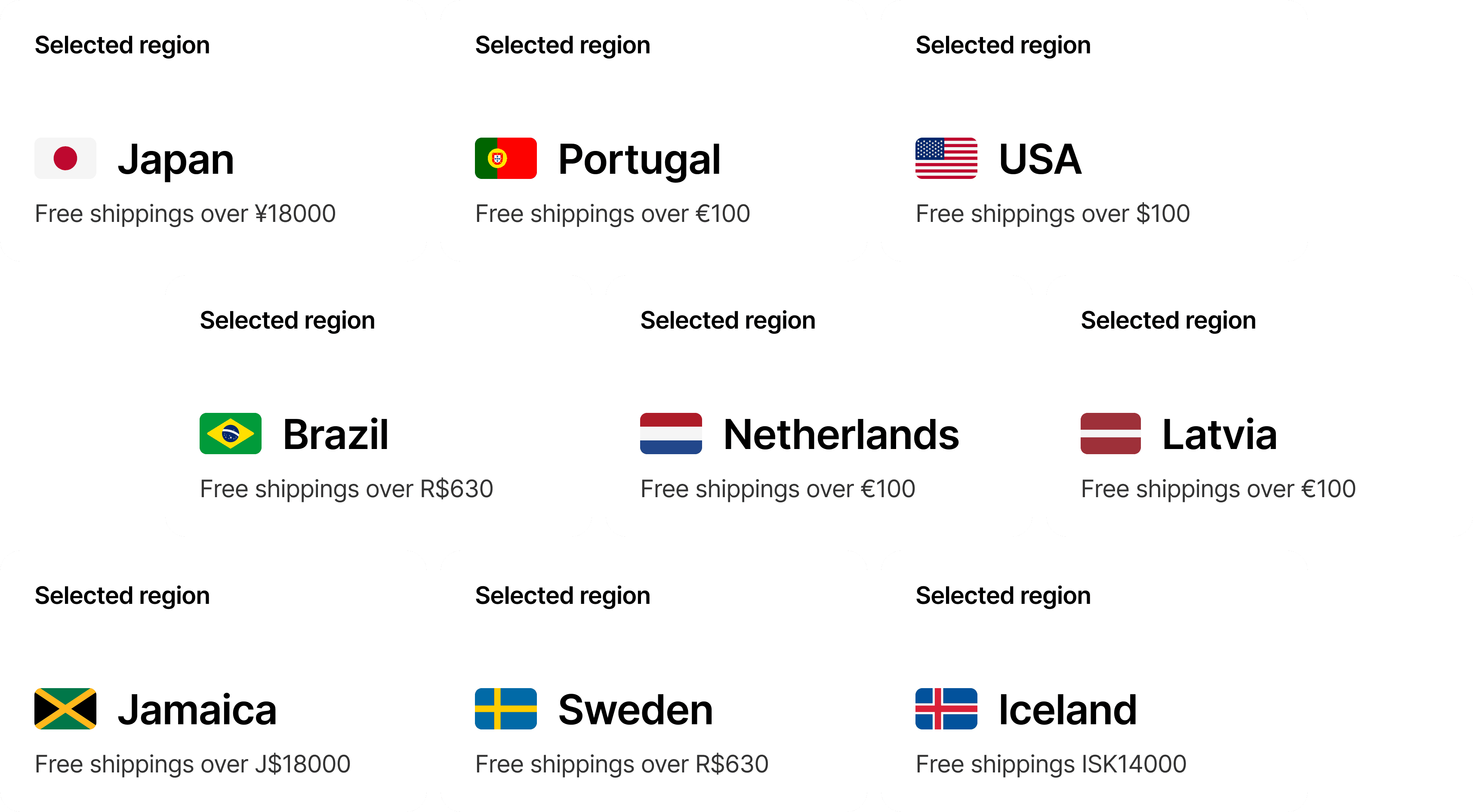 E-commerce template international shipping regional settings display with free shipping thresholds in local currencies.