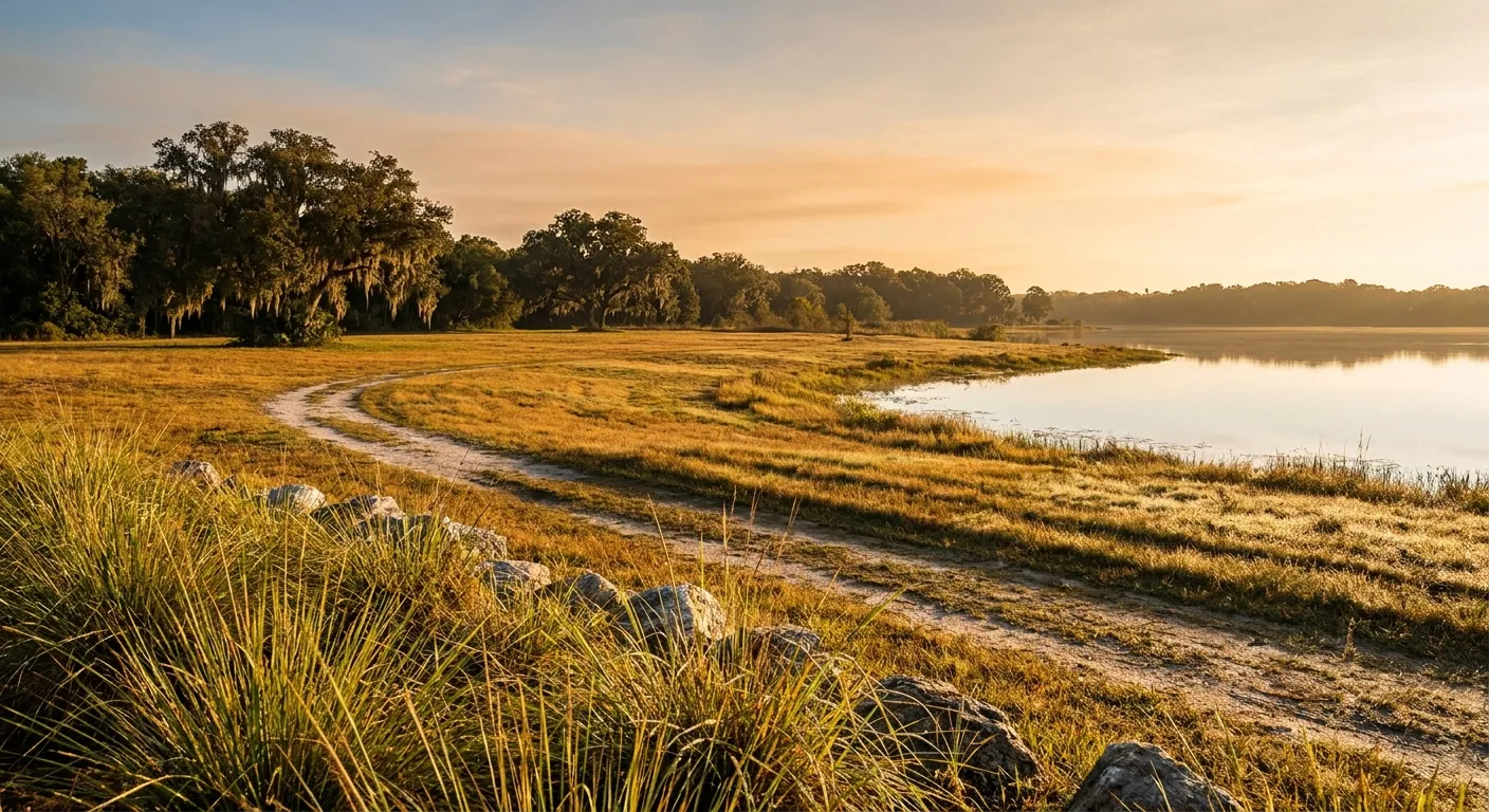 Sunlit lakeside path with trees, RockN' Socials, Digital Marketing Agency.
