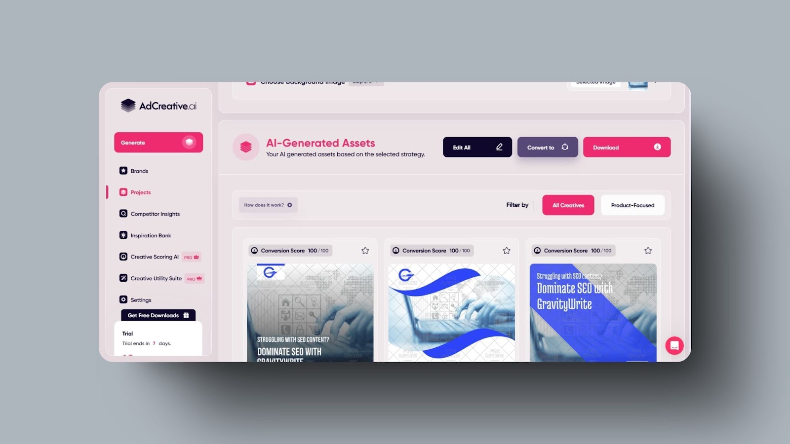 snapshot of AdCreative.ai dashboard displaying AI-generated ad creatives with conversion scores and project insights for brands.