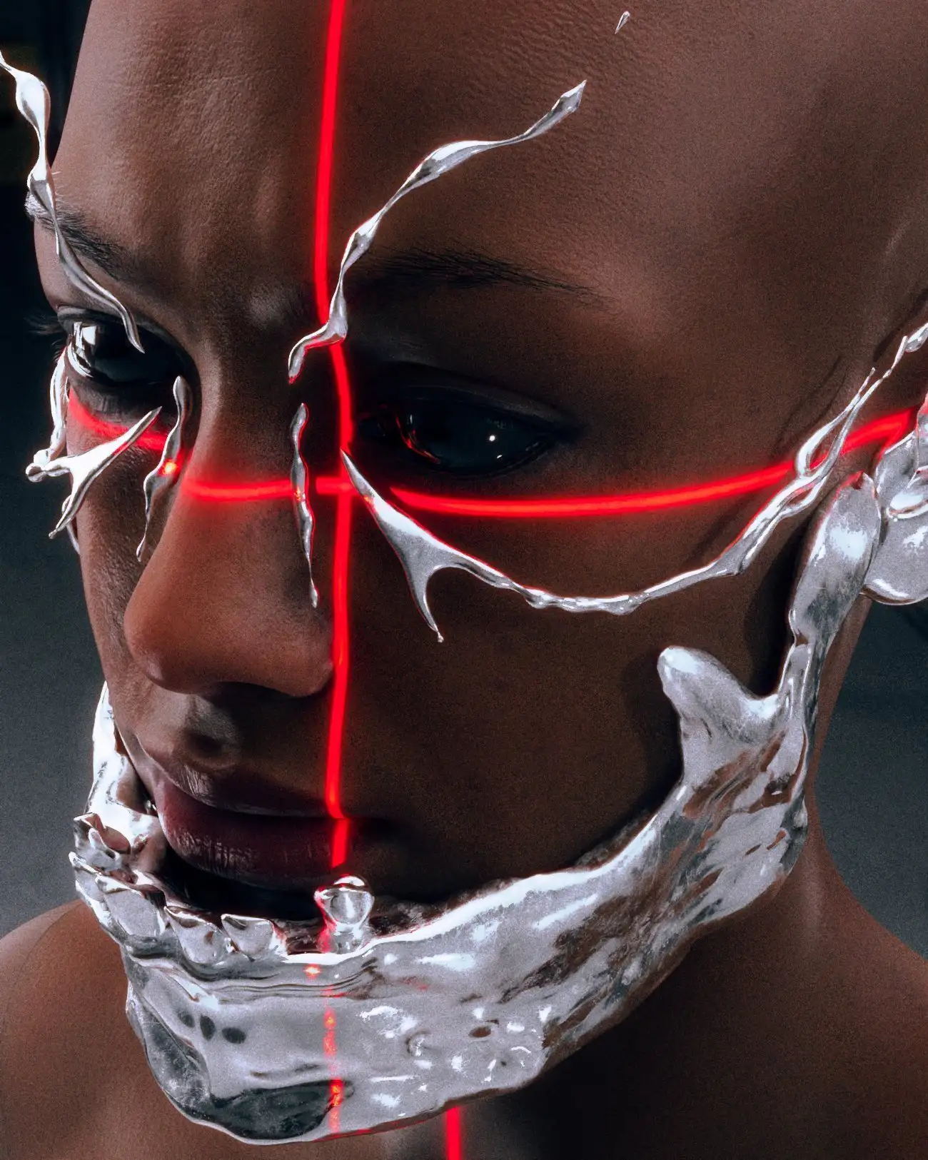 A digital realistic CGI portrait of a black female figure, adorned with floating silver sci-fi jewelry on each side of the nose and below the eyes. A big silver jaw bone with some teeth is mounted on her face like a bold jewelry piece. Two red laser lights cross below her eyes projected on her face.