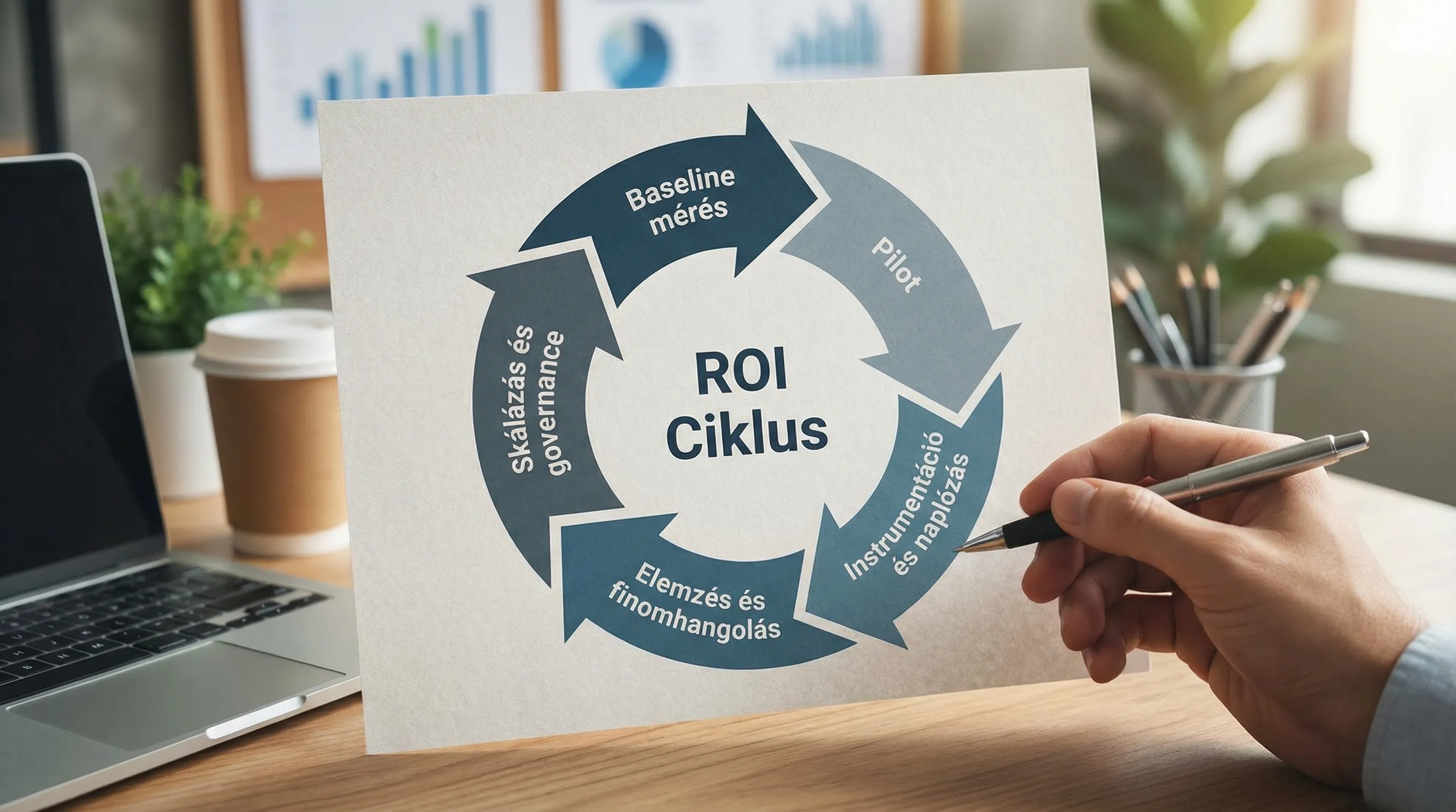 Egyszerű ROI-mérési ciklus ábra öt elemmel: Baseline mérés, Pilot, Instrumentáció és naplózás, Elemzés és finomhangolás, Skálázás és governance.