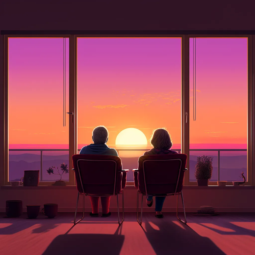 An elderly couple seated on chairs, gazing at a breathtaking sunset.