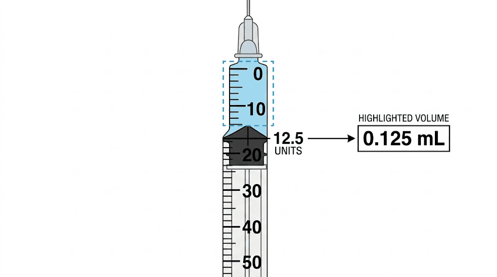 Insulin syringe showing 12.5 units equals 0.125 mL measurement