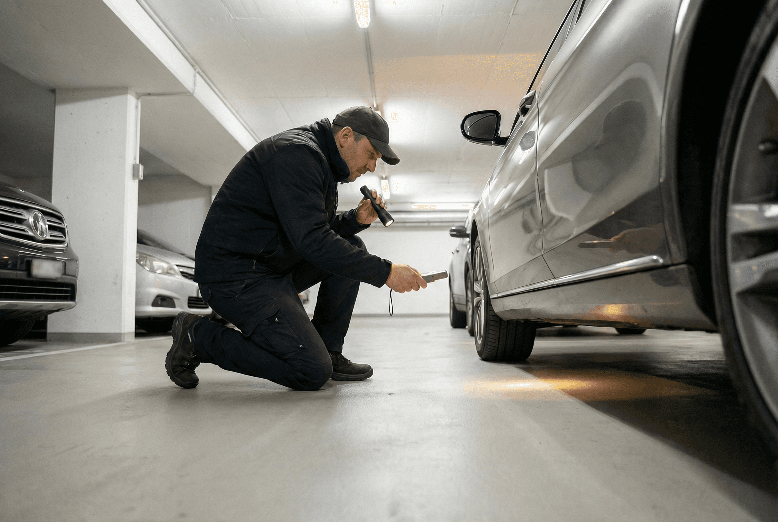 Inspection d’un véhicule à Genève pour la détection de balises et de matériel d’espionnage en Suisse romande.