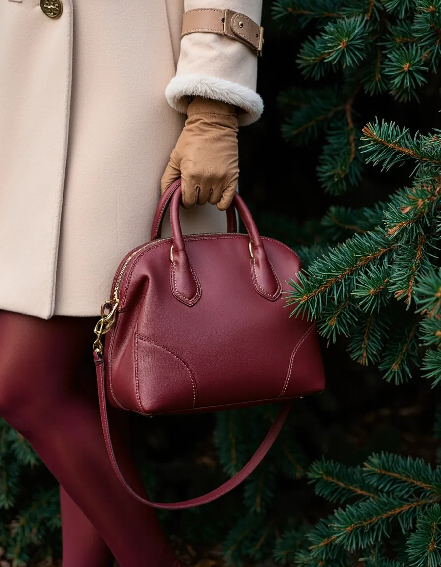 Woman in beige coat holding burgundy leather handbag with brown gloves beside Christmas tree, winter fashion photography