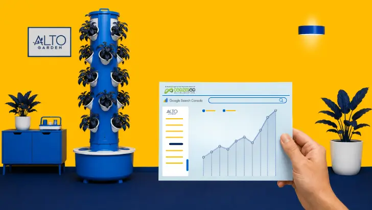 ALTO Garden blue vertical tower and Google Search Console upward growth chart